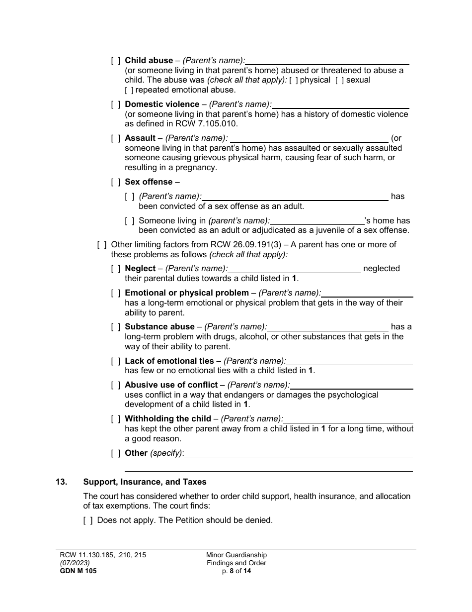 Form GDN M105 Minor Guardianship Findings and Order - Washington, Page 8