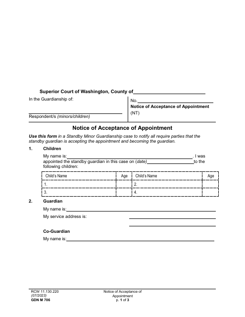 Form GDN M706 Notice of Acceptance of Appointment - Washington