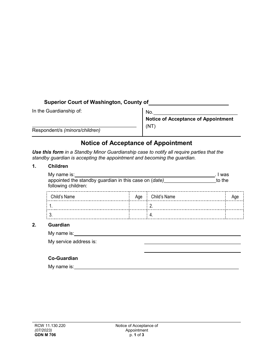 Form GDN M706 Notice of Acceptance of Appointment - Washington, Page 1