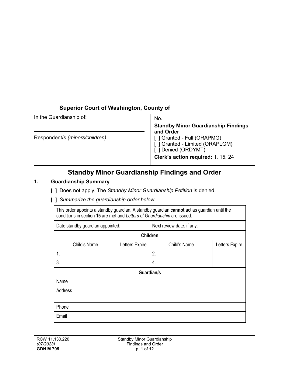 Form GDN M705 Standby Minor Guardianship Findings and Order - Washington, Page 1