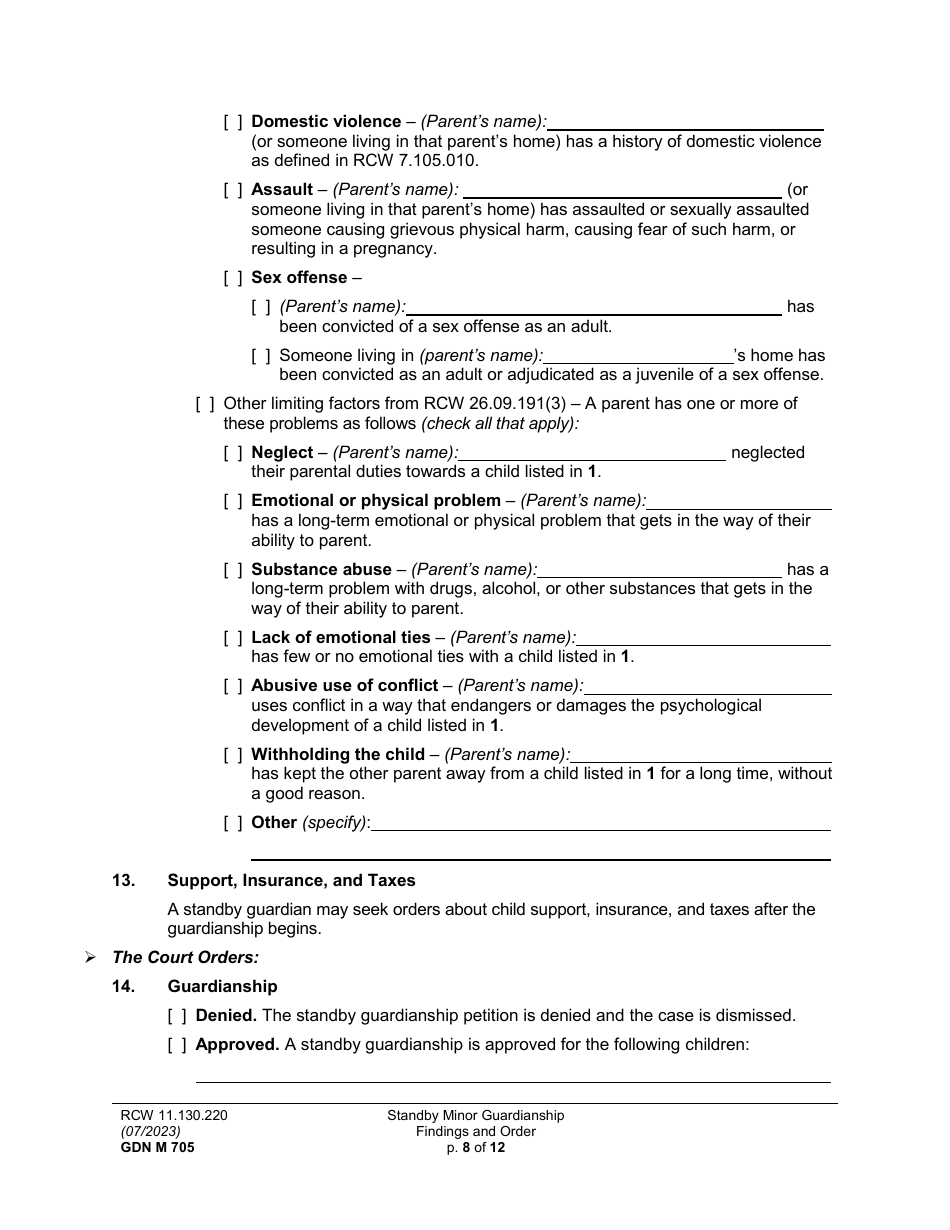 Form GDN M705 Standby Minor Guardianship Findings and Order - Washington, Page 8