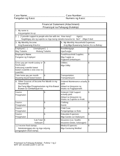 Form WPF GR34.0300 Financial Statement (Attachment) - Washington (English/Tagalog)