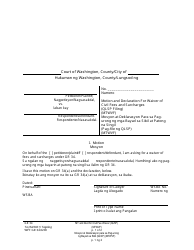 Document preview: Form WPF GR34.0200 Motion and Declaration for Waiver of Civil Fees and Surcharges (Qlsp Filing) (Mtwvf) - Washington (English/Tagalog)