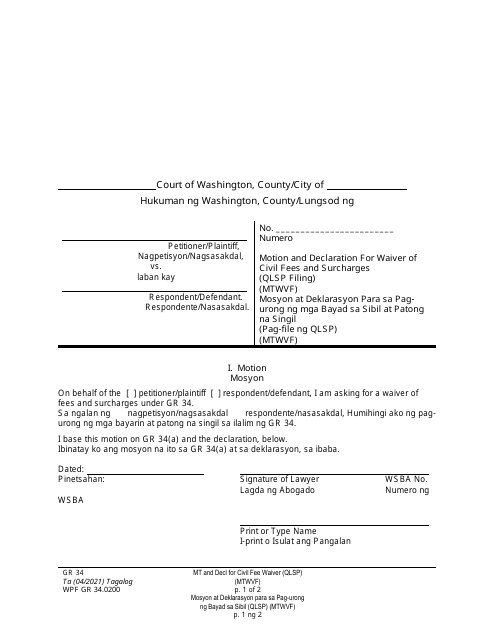 Form WPF GR34.0200 Motion and Declaration for Waiver of Civil Fees and Surcharges (Qlsp Filing) (Mtwvf) - Washington (English/Tagalog)