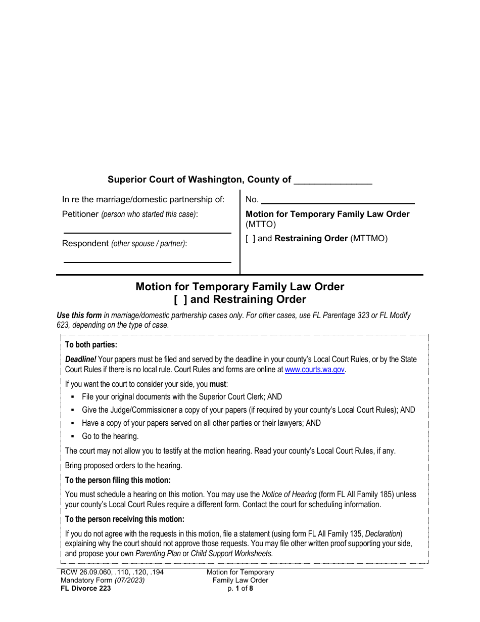 Form FL Divorce223 Motion for Temporary Family Law Order (Mtto) - Washington, Page 1