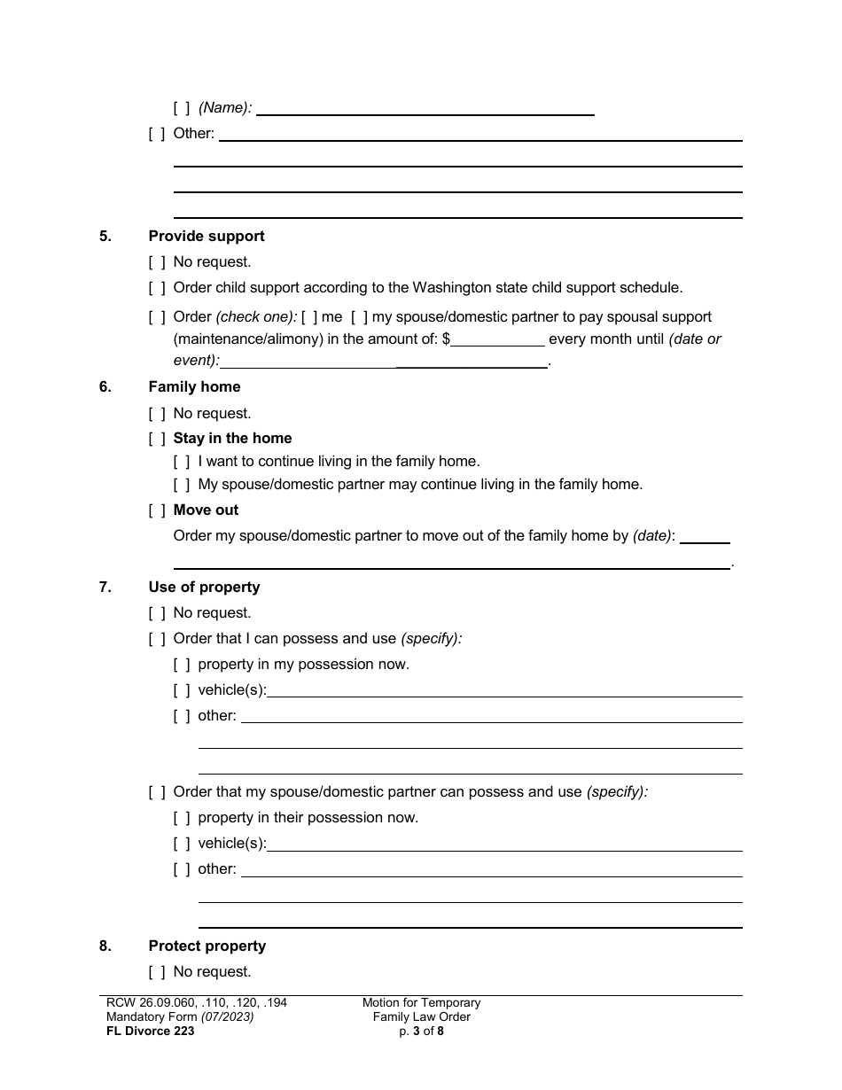 Form FL Divorce223 Motion for Temporary Family Law Order (Mtto) - Washington, Page 3