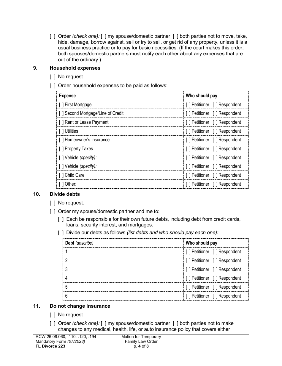 Form FL Divorce223 Motion for Temporary Family Law Order (Mtto) - Washington, Page 4