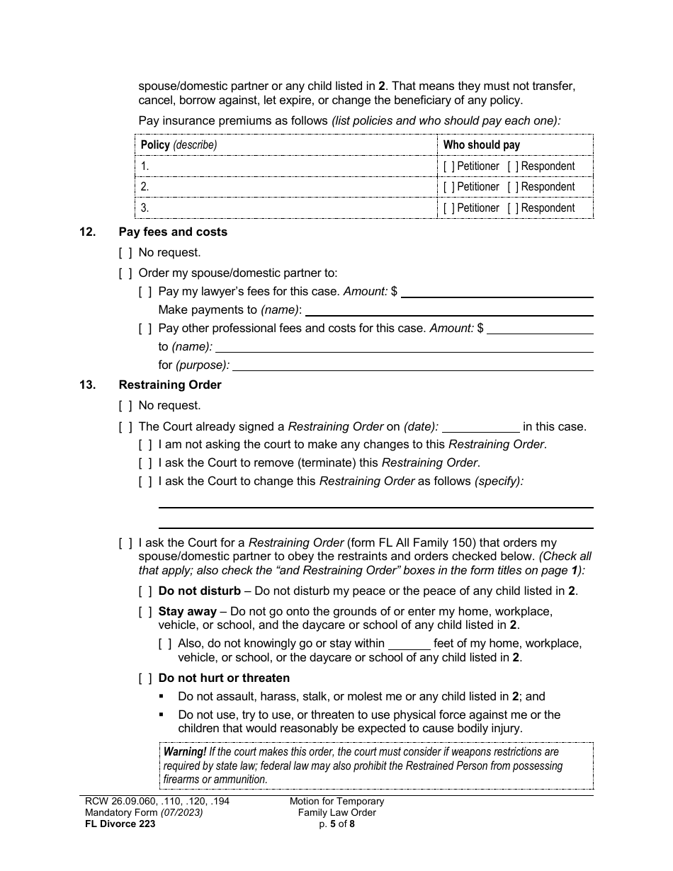 Form FL Divorce223 Motion for Temporary Family Law Order (Mtto) - Washington, Page 5