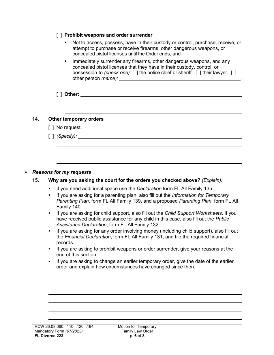 Form FL Divorce223 Motion for Temporary Family Law Order (Mtto) - Washington, Page 6