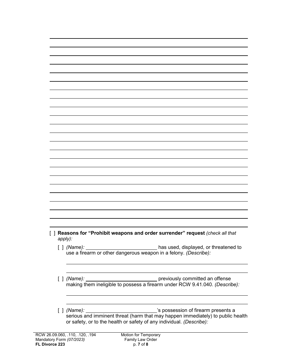 Form FL Divorce223 Motion for Temporary Family Law Order (Mtto) - Washington, Page 7