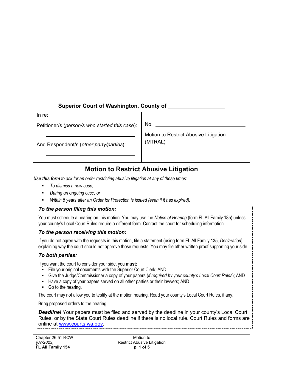 Form FL All Family154 Motion to Restrict Abusive Litigation - Washington, Page 1