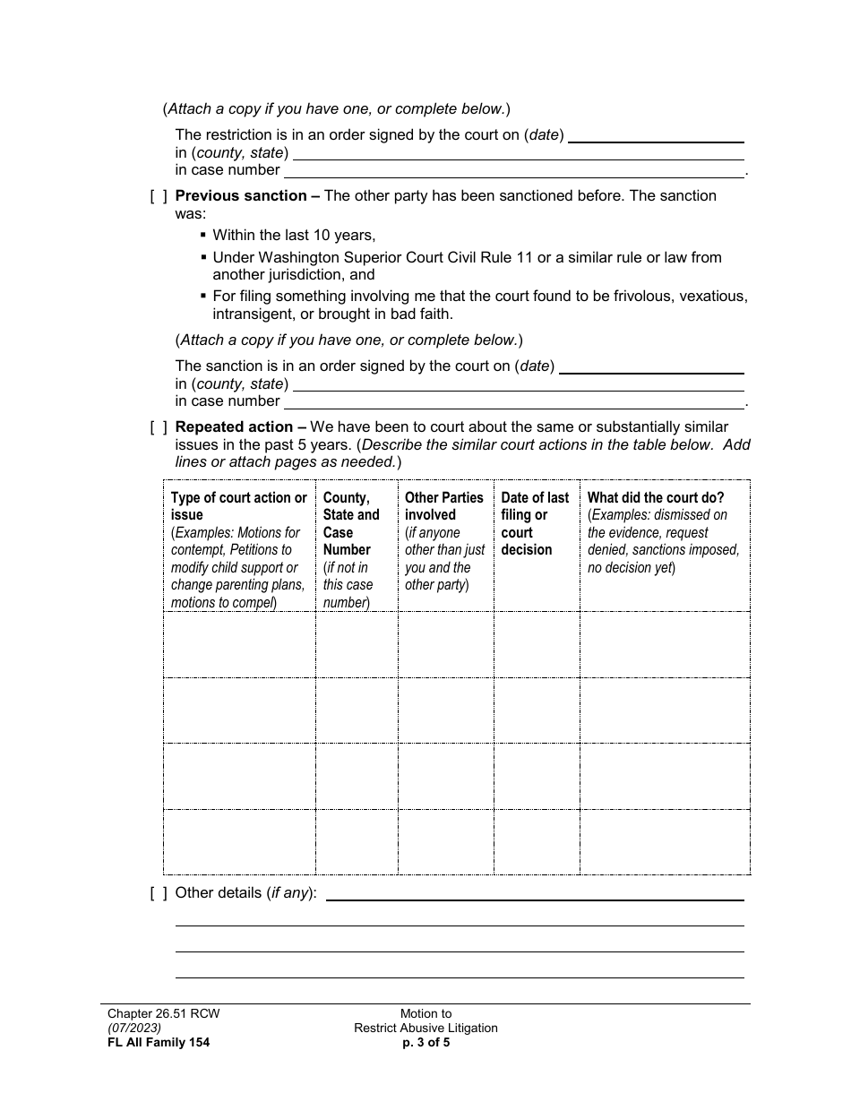 Form FL All Family154 Motion to Restrict Abusive Litigation - Washington, Page 3