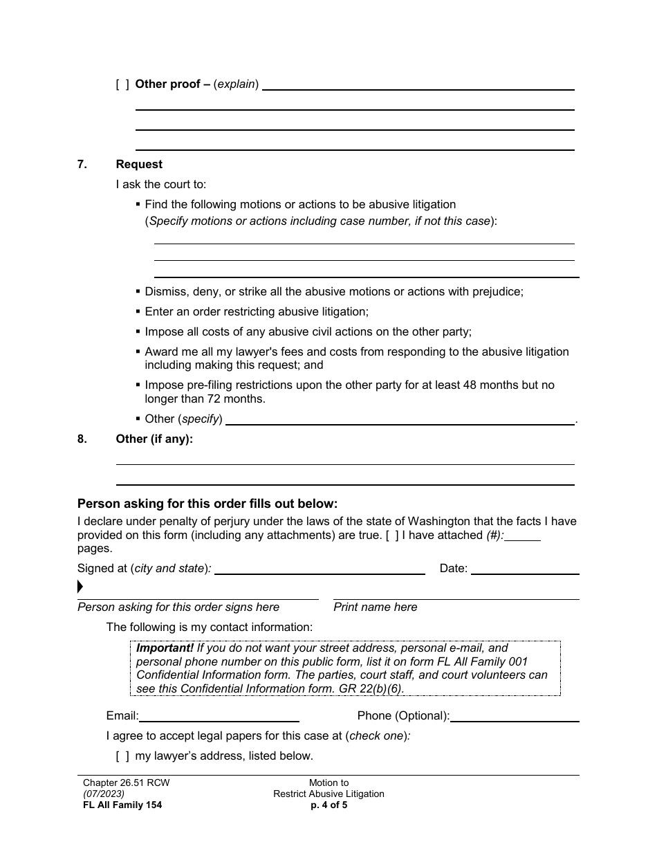 Form FL All Family154 Motion to Restrict Abusive Litigation - Washington, Page 4