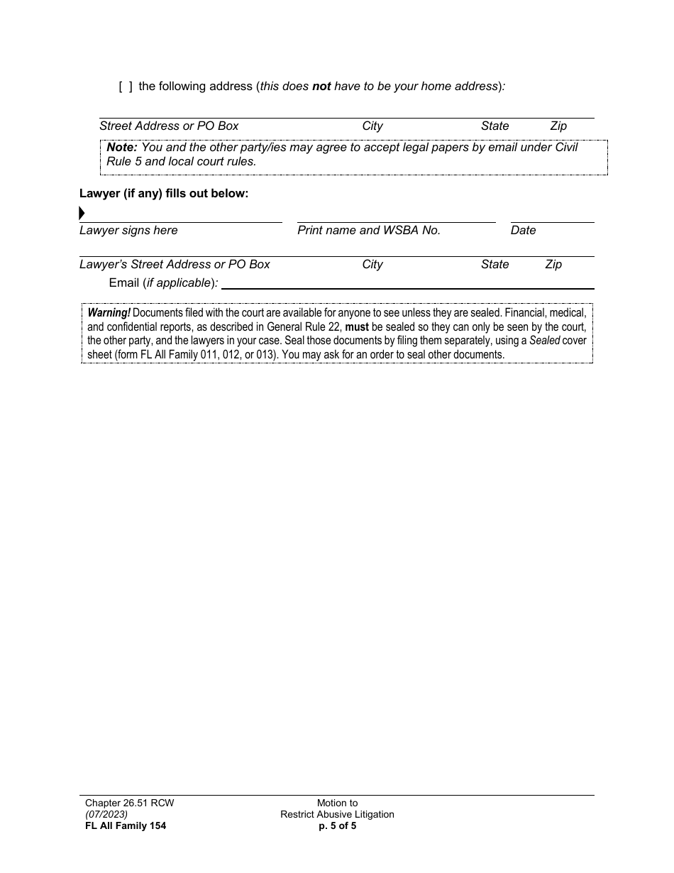 Form FL All Family154 Motion to Restrict Abusive Litigation - Washington, Page 5