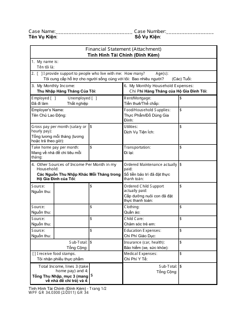 Form WPF GR34.0300 Financial Statement (Attachment) - Washington (English/Vietnamese)