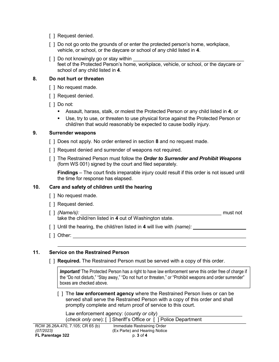 Form FL Parentage322 Immediate Restraining Order (Ex Parte) and Hearing Notice - Washington, Page 3