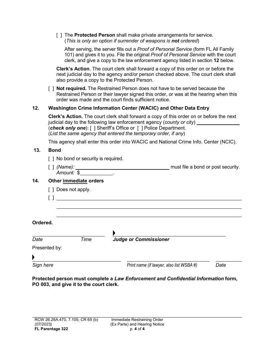 Form FL Parentage322 Immediate Restraining Order (Ex Parte) and Hearing Notice - Washington, Page 4