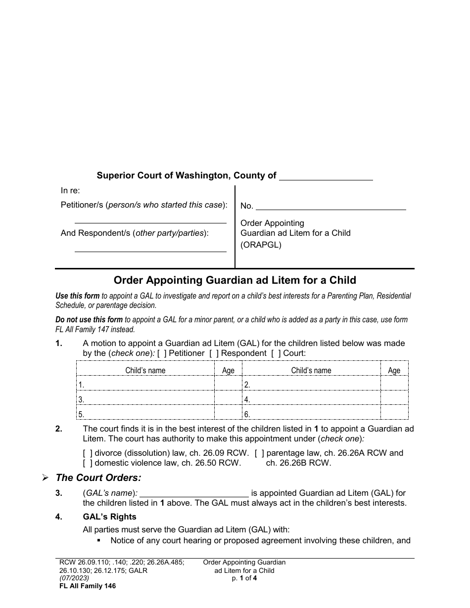 Form FL All Family146 Order Appointing Guardian Ad Litem for a Child - Washington, Page 1