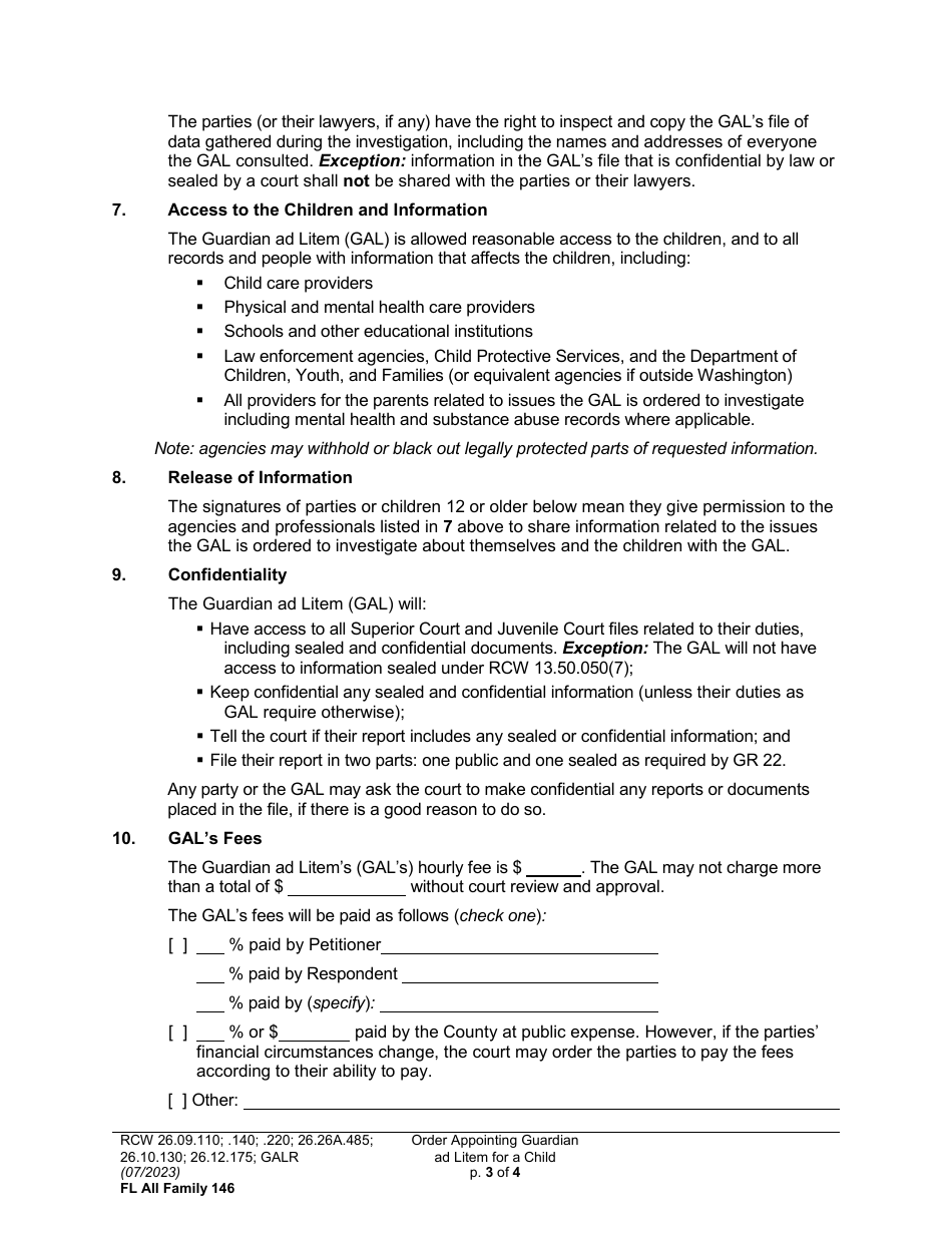 Form FL All Family146 Order Appointing Guardian Ad Litem for a Child - Washington, Page 3