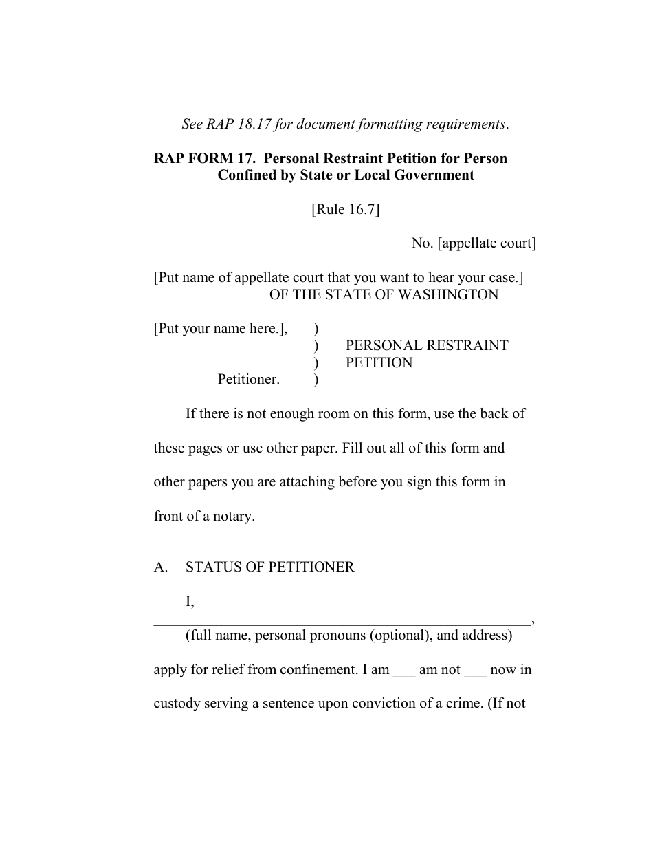 RAP Form 17 Personal Restraint Petition for Person Confined by State or Local Government - Washington, Page 1