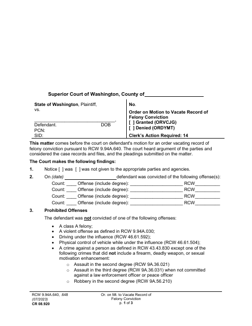 Form CR08.920 Order on Motion to Vacate Record of Felony Conviction - Washington