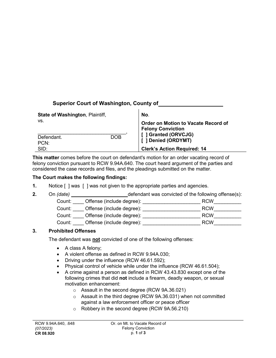 Form CR08.920 Order on Motion to Vacate Record of Felony Conviction - Washington, Page 1