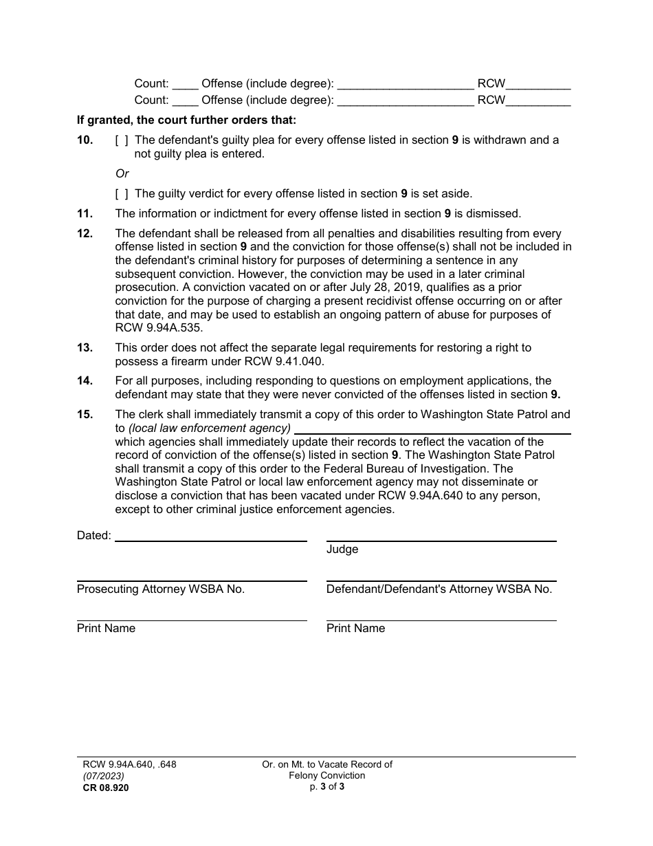 Form CR08.920 Order on Motion to Vacate Record of Felony Conviction - Washington, Page 3