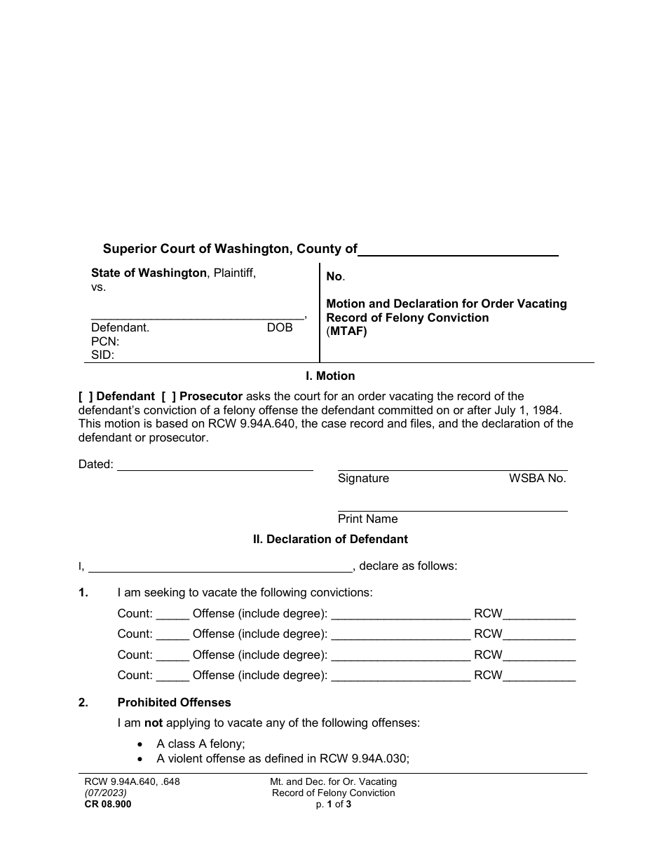 Form CR08.900 Motion and Declaration for Order Vacating Record of Felony Conviction (Mtaf) - Washington, Page 1