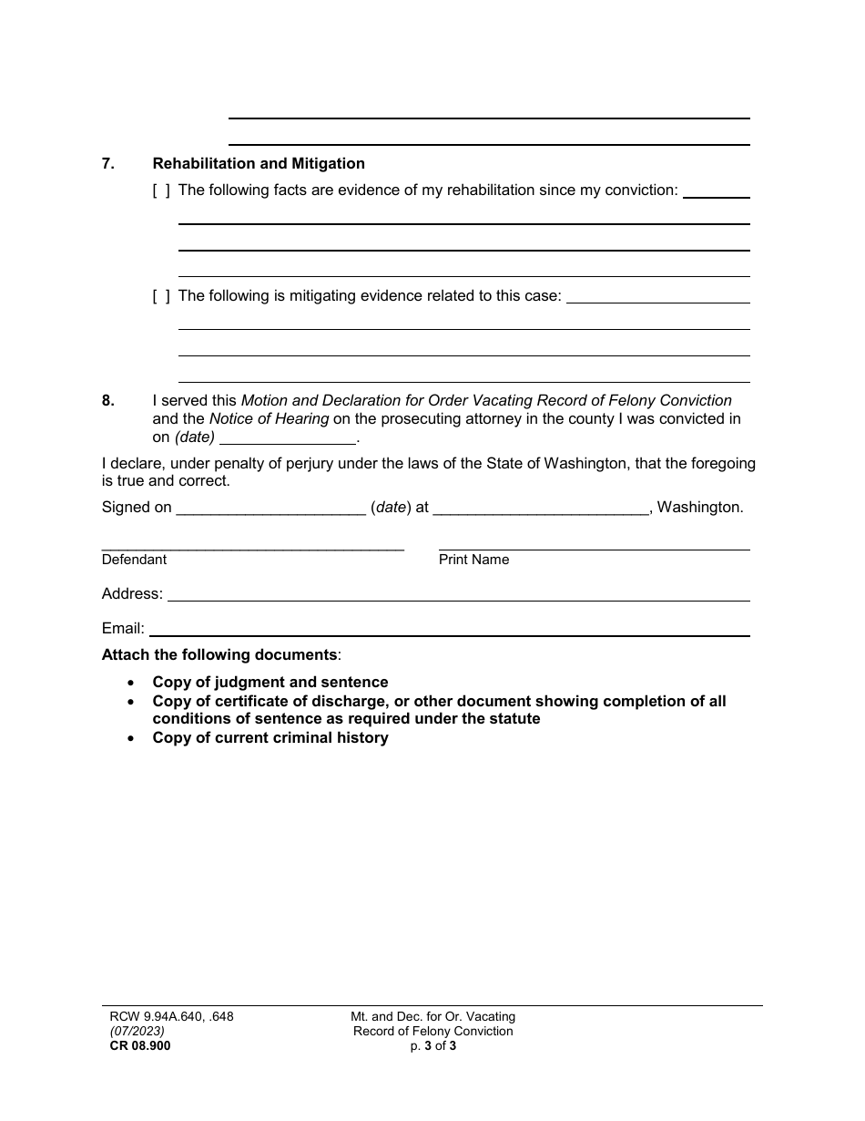 Form CR08.900 Motion and Declaration for Order Vacating Record of Felony Conviction (Mtaf) - Washington, Page 3