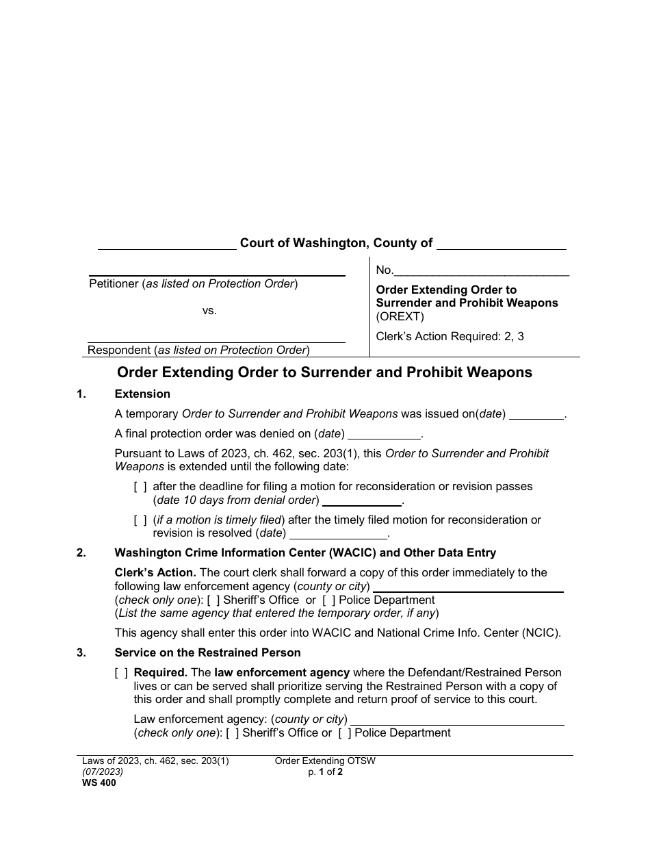 Form WS400 Order Extending Order to Surrender and Prohibit Weapons - Washington, Page 1