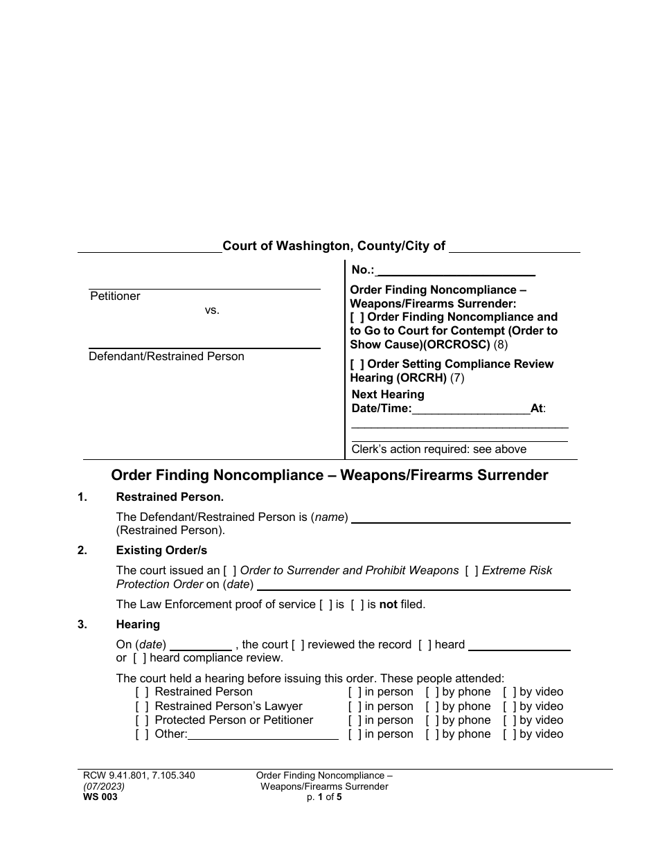 Form WS003 Order Finding Noncompliance - Weapons / Firearms Surrender - Washington, Page 1