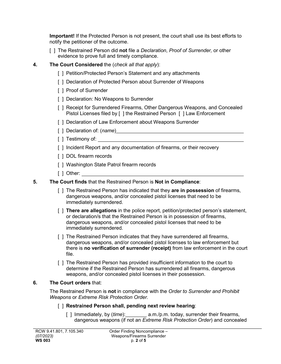 Form WS003 Order Finding Noncompliance - Weapons / Firearms Surrender - Washington, Page 2
