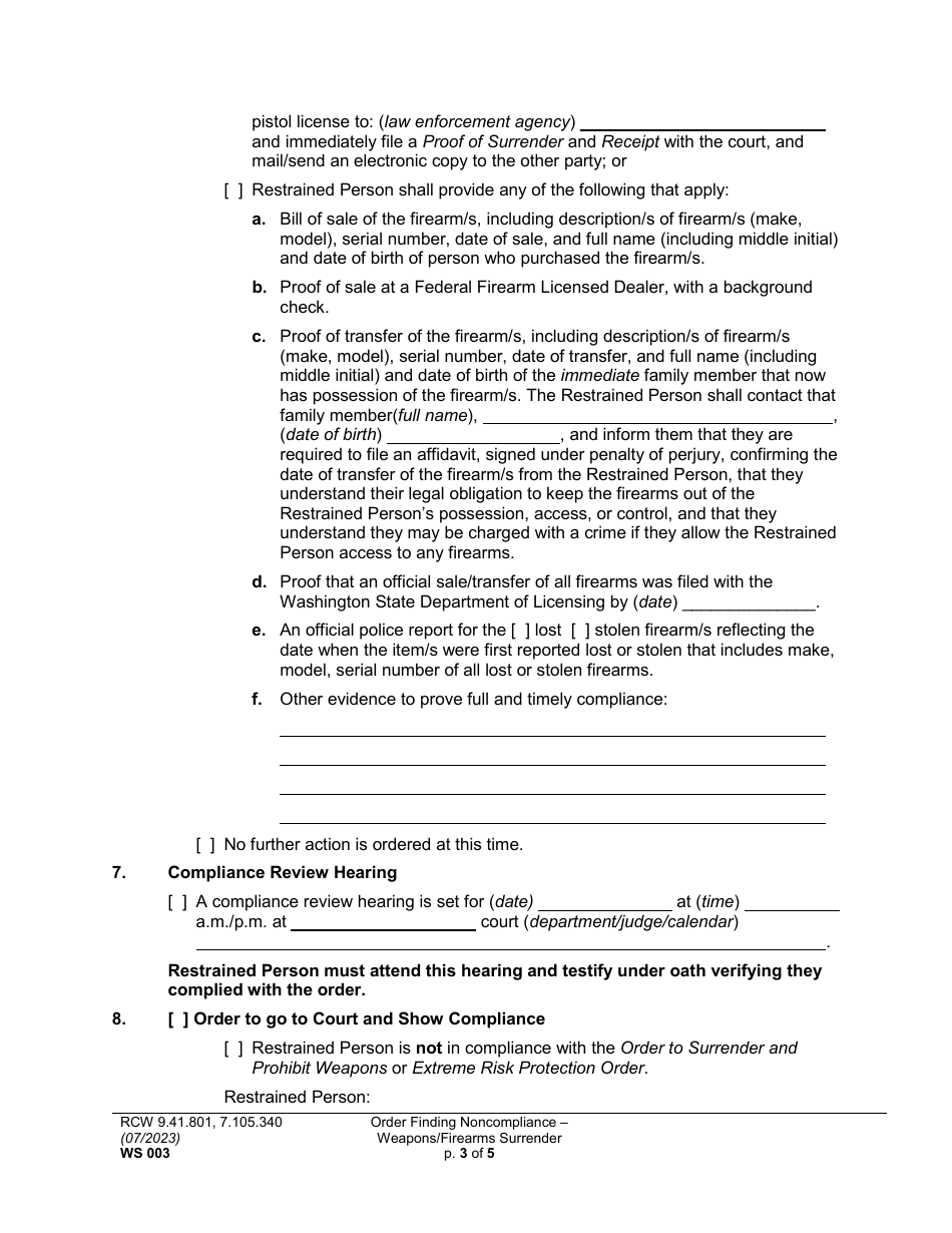 Form WS003 Order Finding Noncompliance - Weapons / Firearms Surrender - Washington, Page 3