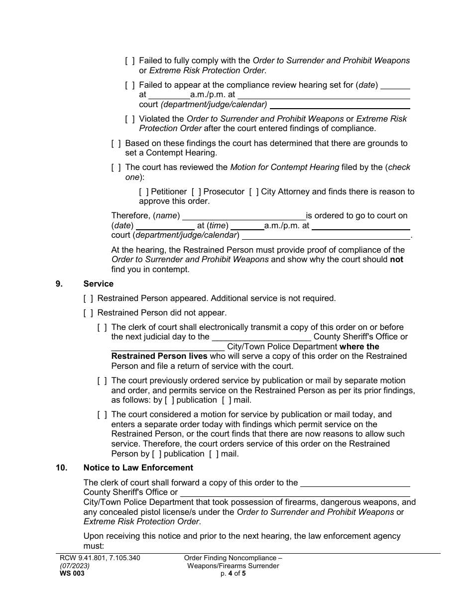 Form WS003 Order Finding Noncompliance - Weapons / Firearms Surrender - Washington, Page 4