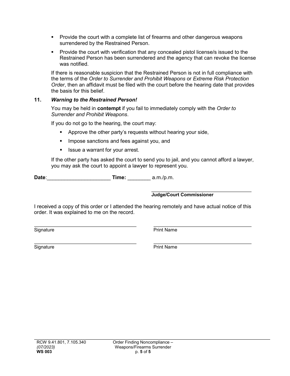 Form WS003 Order Finding Noncompliance - Weapons / Firearms Surrender - Washington, Page 5