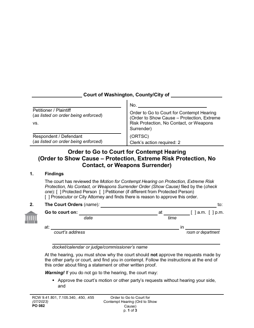Form PO082 Order to Go to Court for Contempt Hearing (Order to Show Cause - Protection, Extreme Risk Protection, No Contact, or Weapons Surrender) - Washington