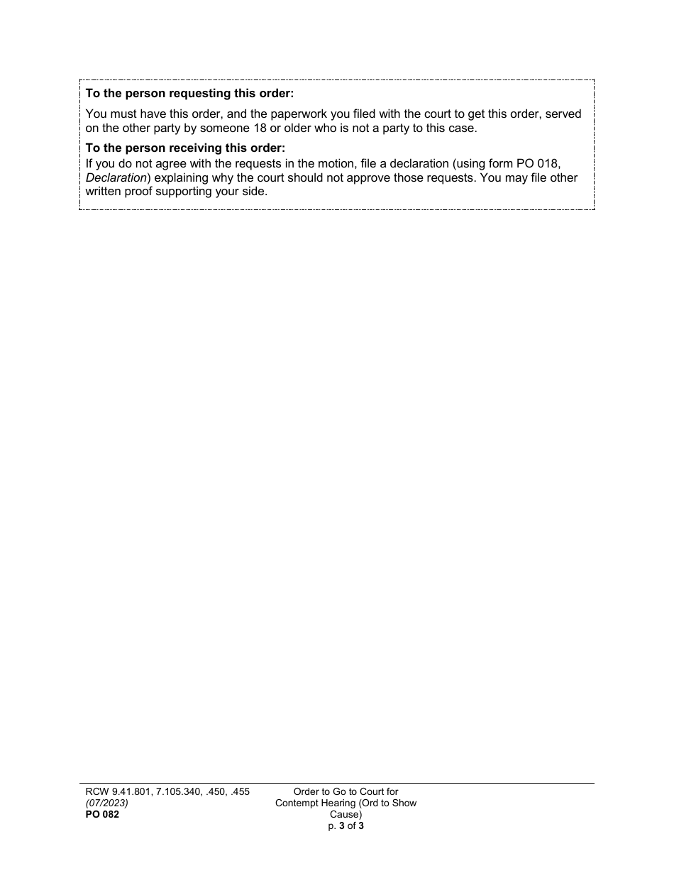 Form PO082 Order to Go to Court for Contempt Hearing (Order to Show Cause - Protection, Extreme Risk Protection, No Contact, or Weapons Surrender) - Washington, Page 3