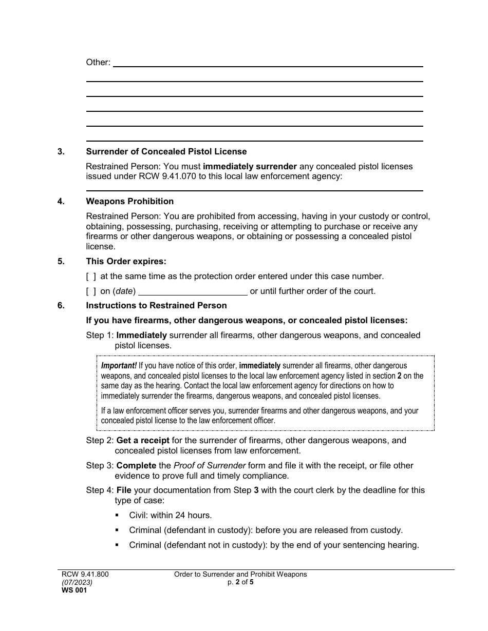 Form WS001 Order to Surrender and Prohibit Weapons - Washington, Page 2