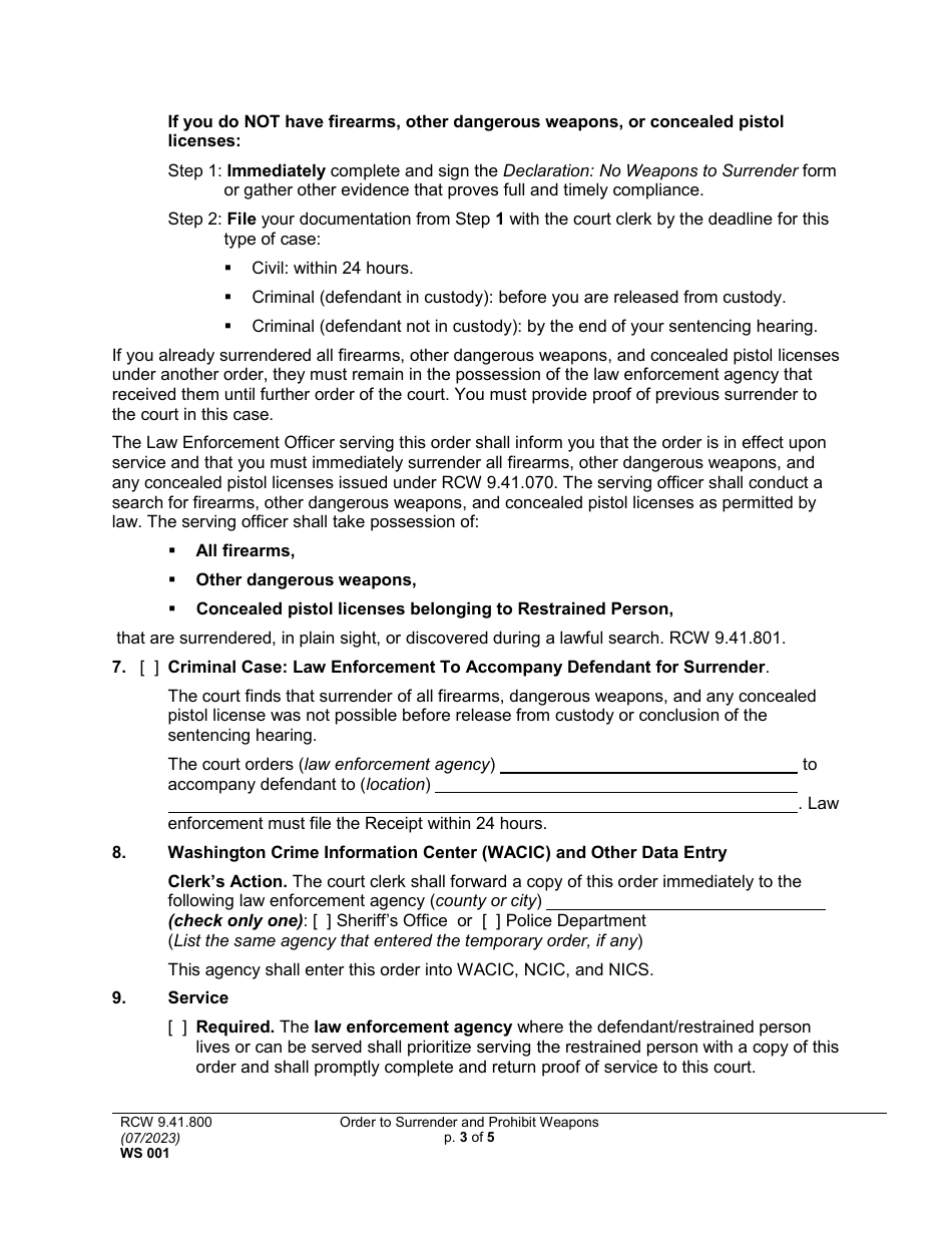 Form WS001 Order to Surrender and Prohibit Weapons - Washington, Page 3