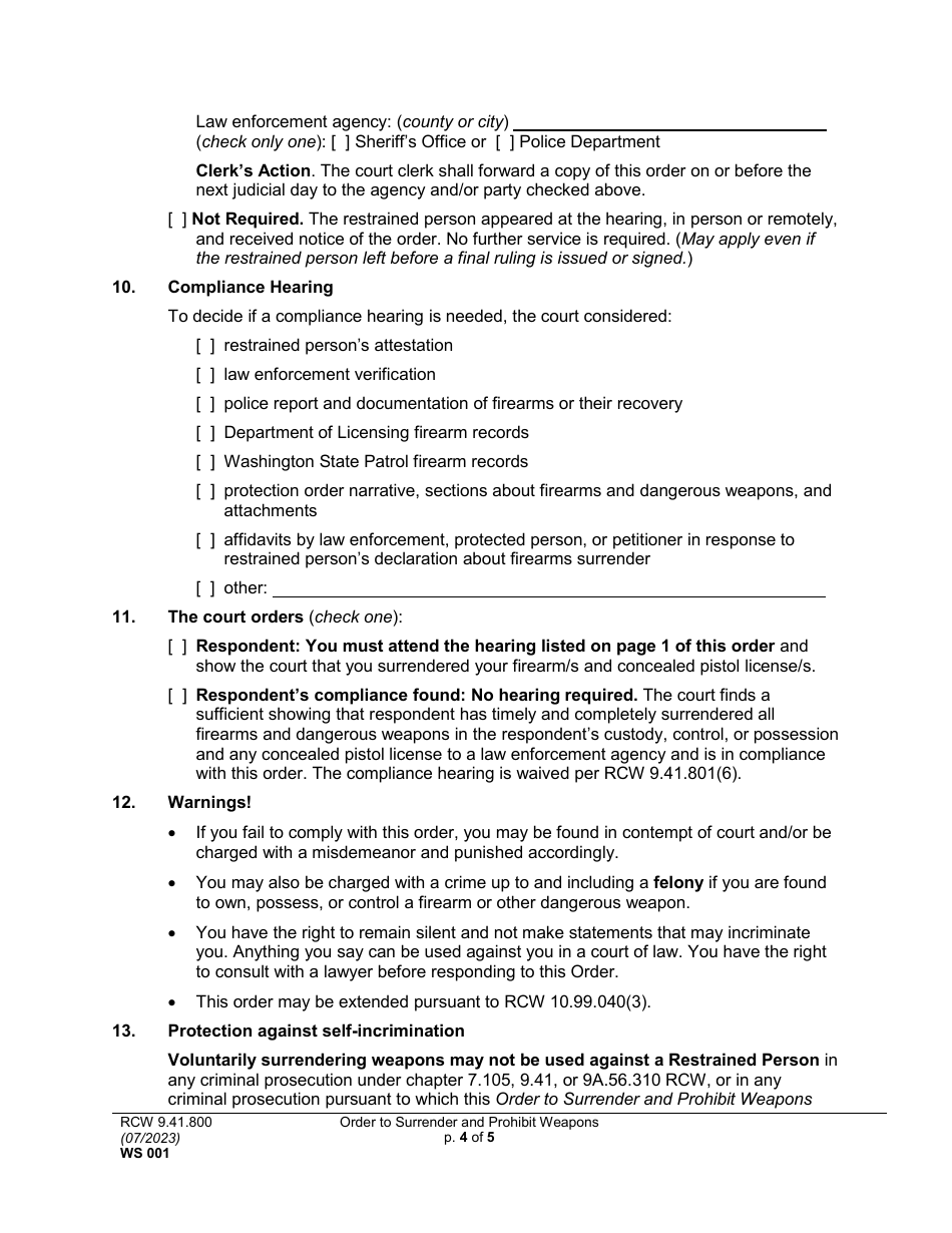 Form WS001 Order to Surrender and Prohibit Weapons - Washington, Page 4