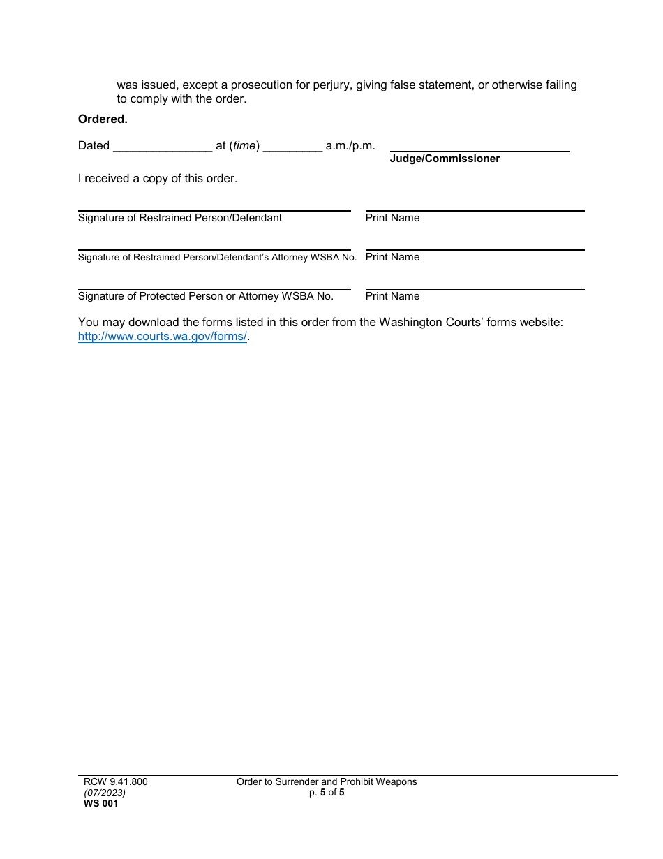 Form WS001 Order to Surrender and Prohibit Weapons - Washington, Page 5