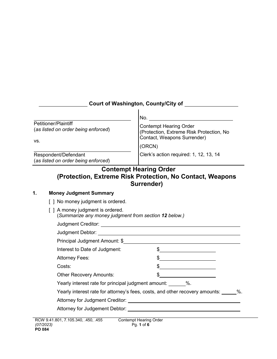 Form PO084 Contempt Hearing Order (Protection, Extreme Risk Protection, No Contact, Weapons Surrender) - Washington, Page 1