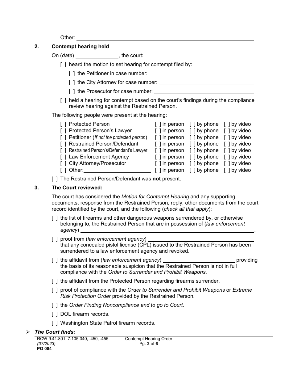 Form PO084 Contempt Hearing Order (Protection, Extreme Risk Protection, No Contact, Weapons Surrender) - Washington, Page 2