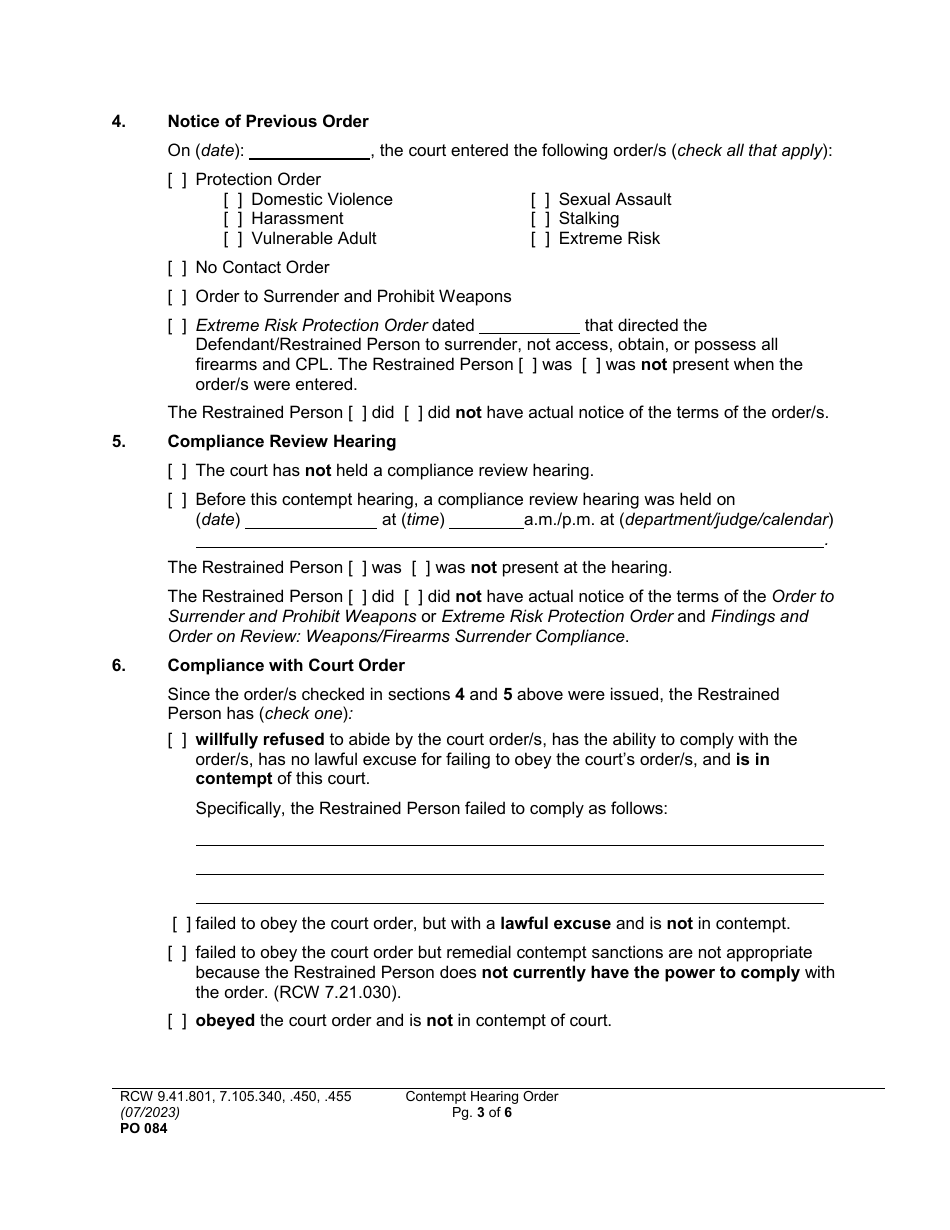 Form PO084 Contempt Hearing Order (Protection, Extreme Risk Protection, No Contact, Weapons Surrender) - Washington, Page 3