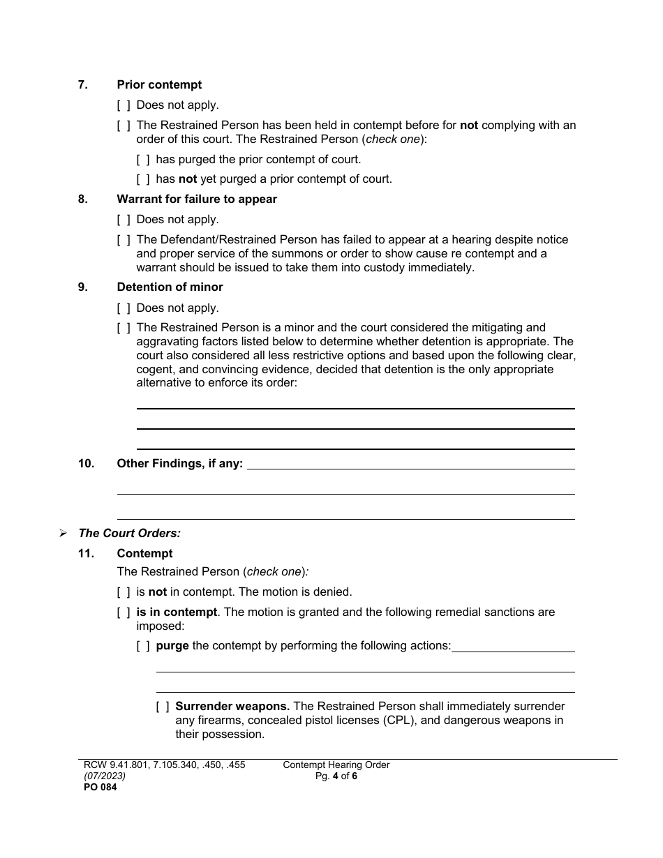 Form PO084 Contempt Hearing Order (Protection, Extreme Risk Protection, No Contact, Weapons Surrender) - Washington, Page 4