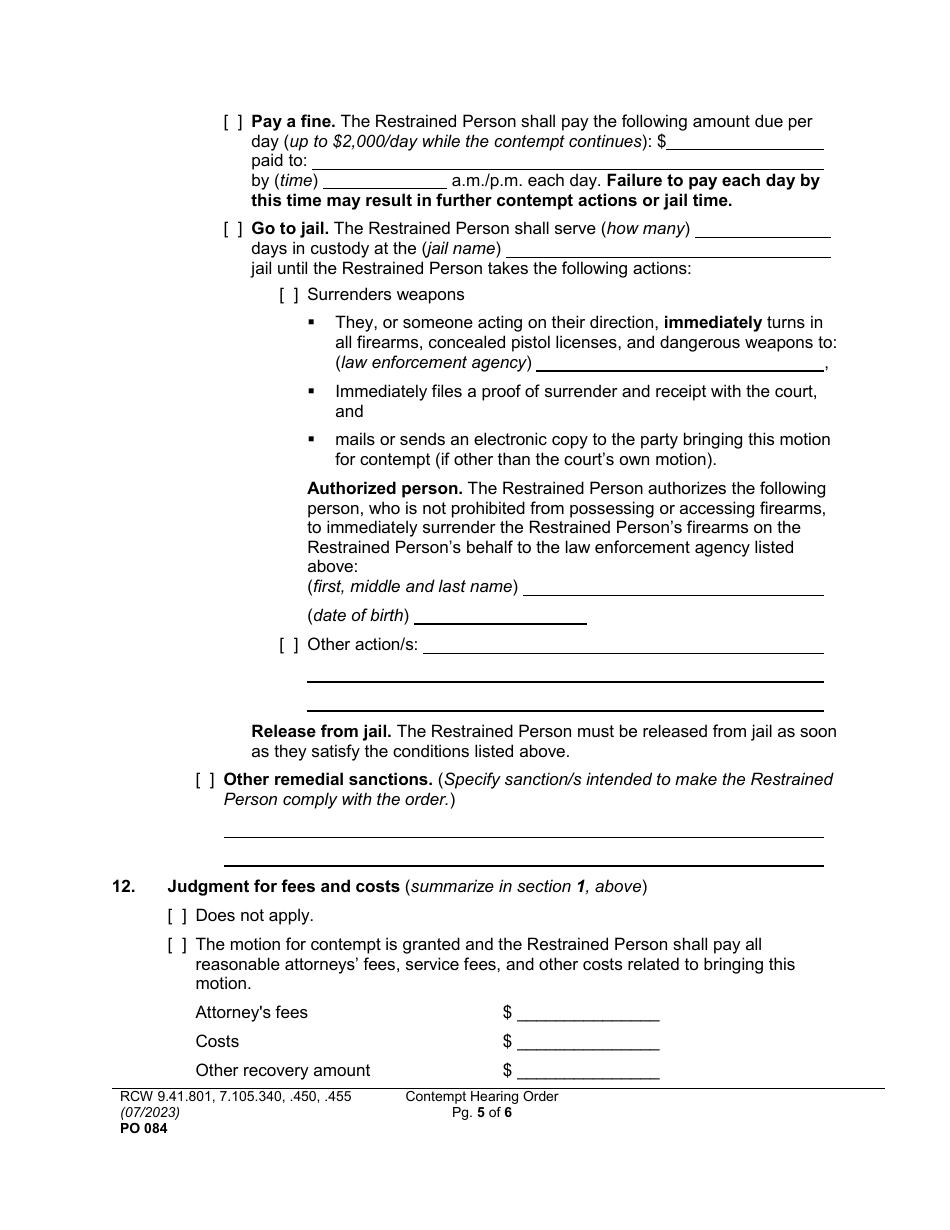 Form PO084 Contempt Hearing Order (Protection, Extreme Risk Protection, No Contact, Weapons Surrender) - Washington, Page 5