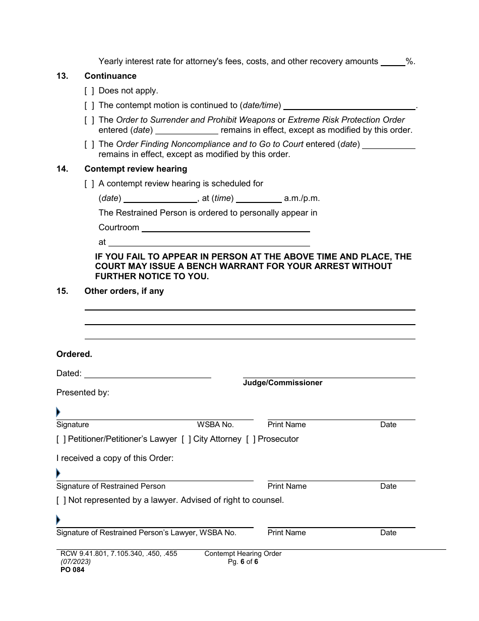 Form PO084 Contempt Hearing Order (Protection, Extreme Risk Protection, No Contact, Weapons Surrender) - Washington, Page 6