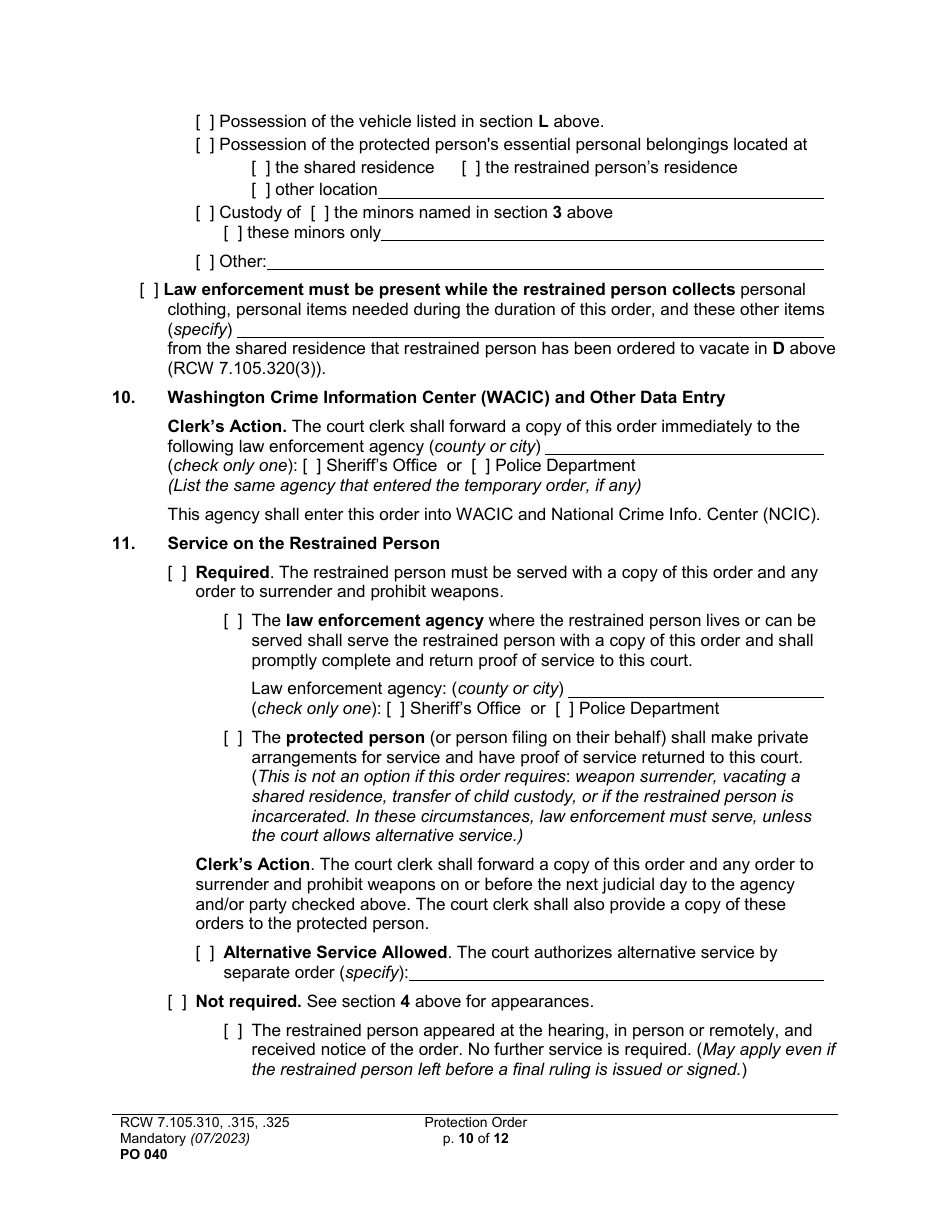 Form PO040 Protection Order - Washington, Page 10
