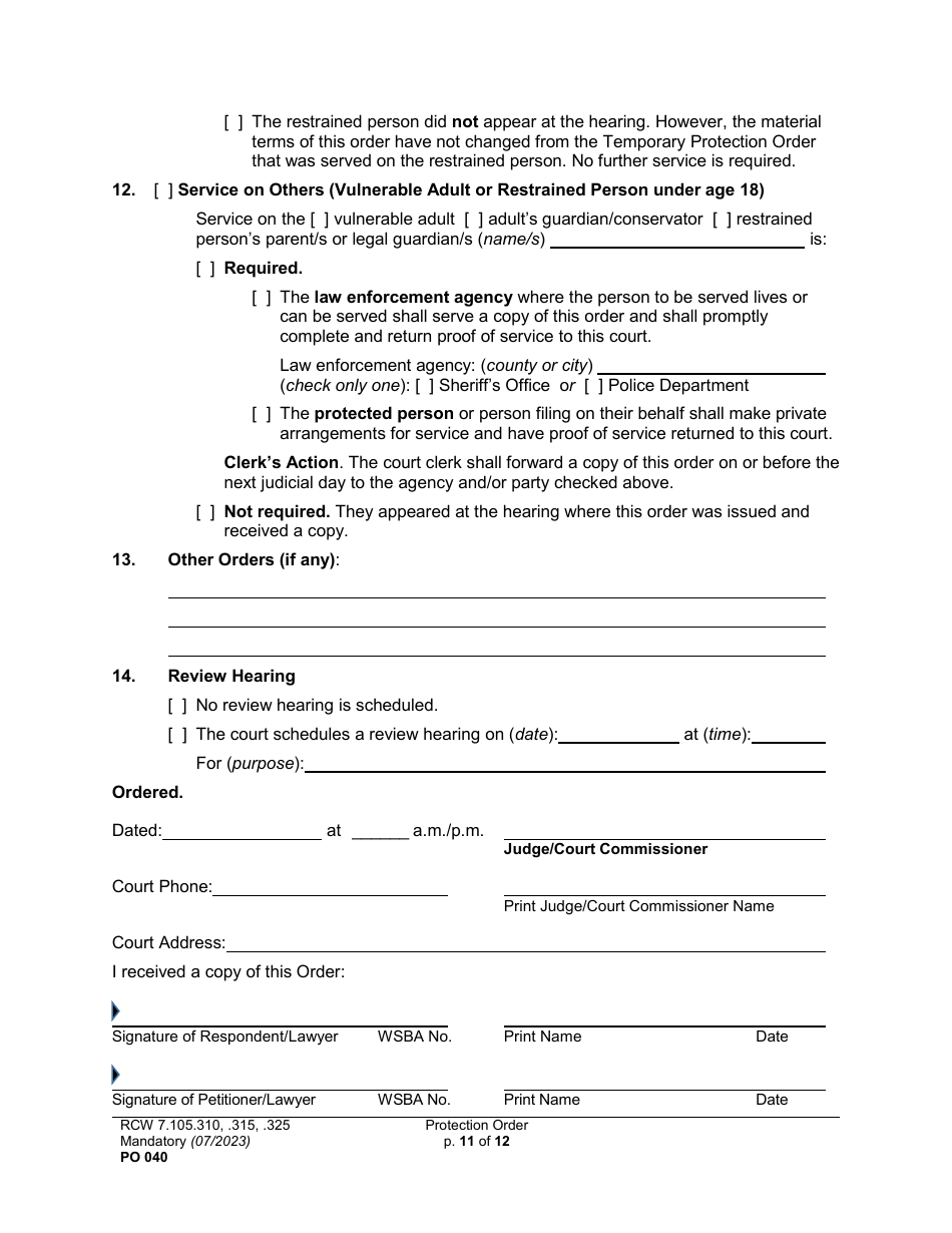 Form PO040 Protection Order - Washington, Page 11
