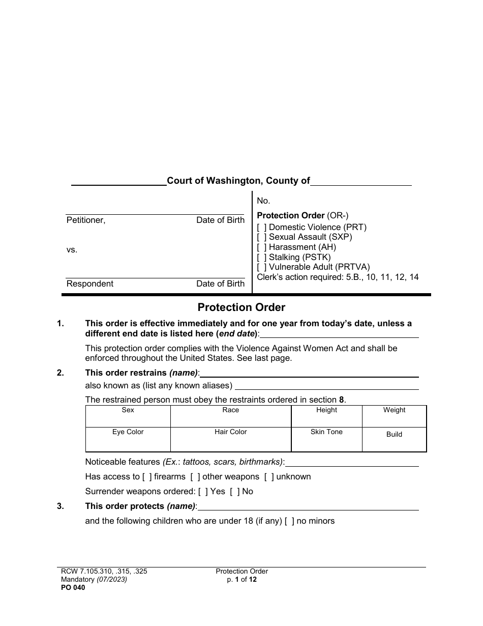Form PO040 Protection Order - Washington, Page 1